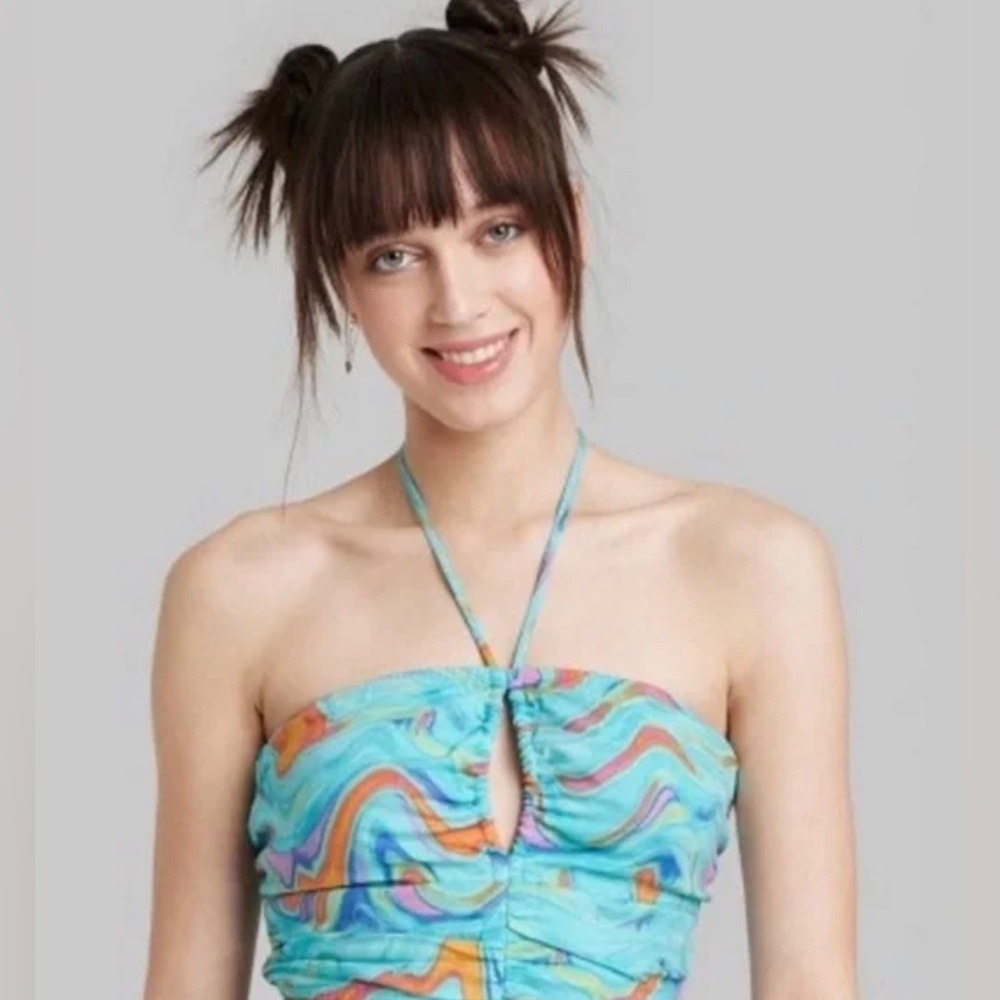 Wild fable Aqua Blue Swirl Keyhole Halter Bandeau Top Elastic Back XXL